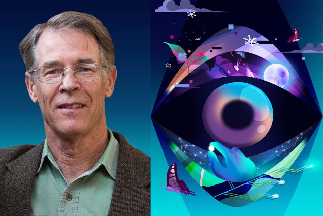 Composite image. At left, a portrait of Kim Stanley Robinson, an older white man with short gray hair and glasses. He half smiles and wears a thick suit jacket with a pale green dress shirt. At right, a sci-fi looking illustration in deep blue, purple and green colors. It features what looks like an eye at center, with butterflies bottom left and top right, and a hand holding a bright orb. A moon, circuit board, and clouds are also seen.