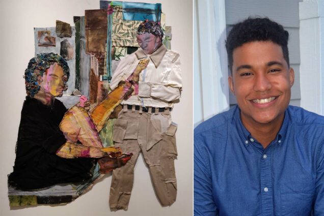 At right: Photo of Morel, smiling, while wearing a blue button down shirt and sitting on what looks like a porch, as gray siding can be seen behind him. He is a young person of color, and has short hair, trim at the sides and curly on top. At left: Collage of two people of color, presumably a woman, seated, and a man, standing at right. The woman looks like she's getting ready and has her left leg out towards the man, who holds it by the ankle; perhaps he is helping her put something on. The collage is made from fabric and painted paper. Some lines, such as the legs and faces, are drawn or painted in brown. The back wall is covered with pieces of paper and fabric of various colors and patterns.