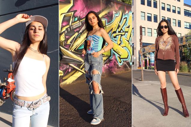 Composite of three images of Sujena Soumyanath wearing three different outfits. Soumyanath is a young woman of color with long, dark, straight hair. At left, she wears a white tank top, wide-brim baseball hat, light jeans and a chunky belt on a sidewalk near some industrial looking pipes. At center, she wears a colorful tube top, ripped wide leg jeans, and stands with her hands in her belt loops in front of a graffitied wall. At right, she wears a brown sweatshirt, black mini skirt, and brown, nearly knee-high boots. She wears dark round sunglasses and poses on a street corner.