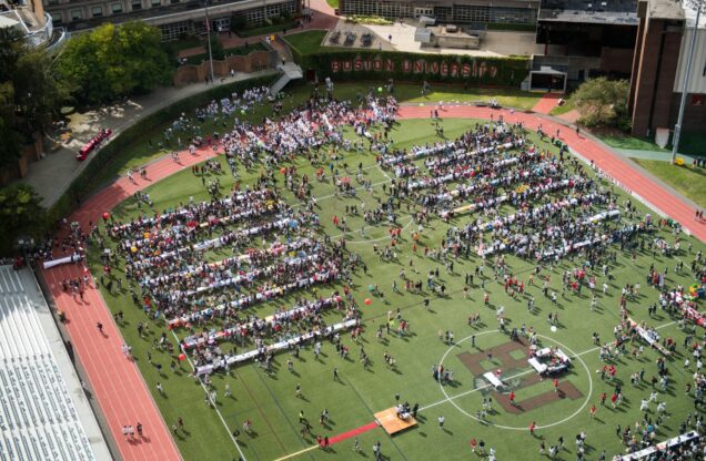 Thousands of students gather on Nickerson Field for SPLASH, Boston University's involvement fair.