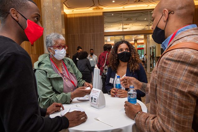 Keshawn Young (COM’23) (from left), Allison Davis (CGS’73, COM’75), Faith Rynda (CAS’22), and Joel Christian Gill (CFA’04) at the 2021 BU Alumni Weekend wine and cheese event hosted by the Black Alumni Council. Photo by Cydney Scott