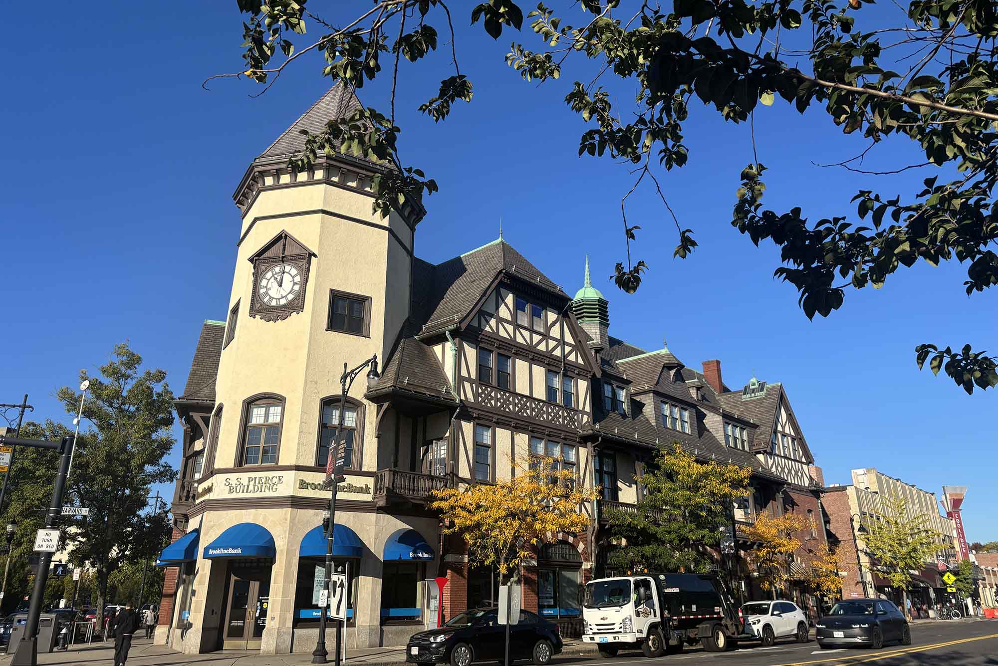 Photo: Coolidge Corner, Brookline's iconic clock on the corner of a four way intersection.