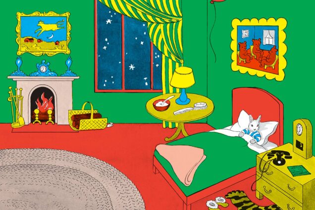 Book illustration from "Goodnight Moon". Colorful page depicts a small grey mouse tucked into a green bed in a large green room with red, yellow, and blue decor.