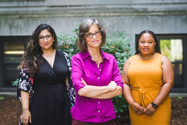 Dawn Belkin Martinez (center), a School of Social Work clinical associate professor, with graduate students Noor Toraif (CAS’16, SSW’23) (left) and Greer Hamilton (SSW’24), who worked with her to create a free online course on structural racism. Photo by Jackie Ricciardi