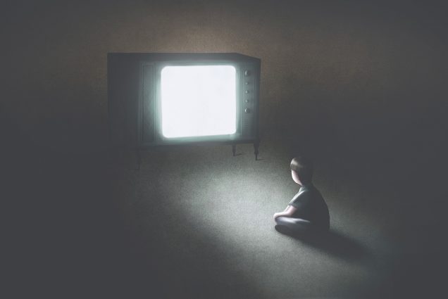 Illustration of a young child in front of an old television that has a blank, bright white screen on and lighting the dark room.