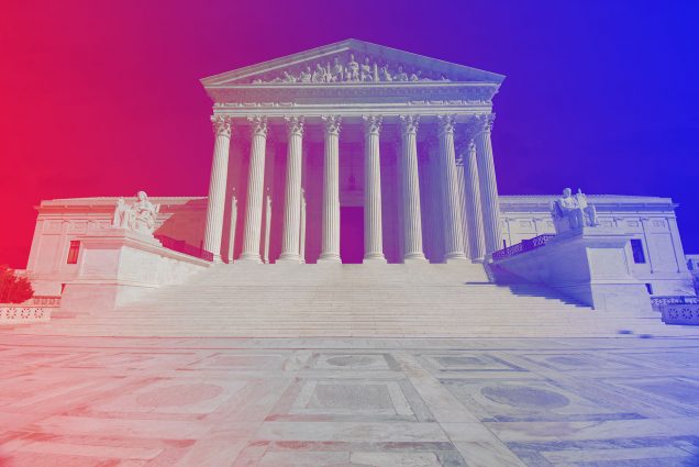 Photo of the US Supreme Court building. The photos has a red and purple gradient overlaid on it.