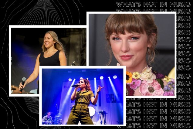 Image: collage of artists releasing music and/or hosting concerts in Boston in September 2022. Black background with outline-font white lines features photos of Colbie Caillat, Sydney Sierota of Echosmith, and Taylor Swift. Colbie Caillat is shown walking and smiling on stage on polaroid-style borders. Sydney Sierota of Echosmith shown performing in concert. She sings into a microphone with one arm raised and pointed within polaroid-style borders. Taylor Swift is shown posing for a photo wearing a floral embellished dress on polaroid-style borders. Text on right behind image reads "What's Hot in Music" in a repeating pattern