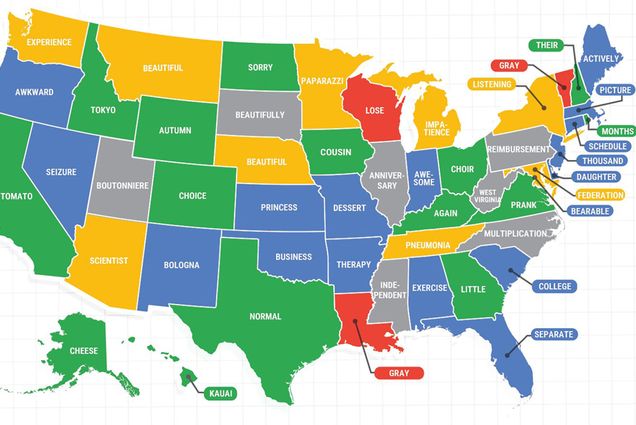 Image: Map of the United States with the word each state most misspells. Each state is colored in with various colors like green, red, blue, and yellow.