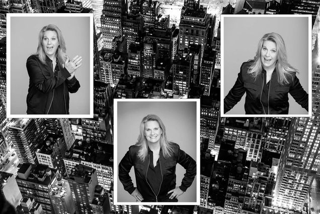 A composite image with photos of Liz Patrick, and a background of the NYC skyline in black and white