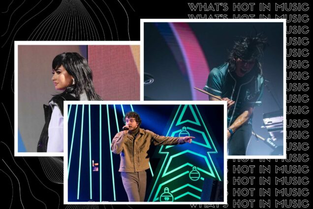 Image: collage of artists releasing music and/or hosting concerts in Boston in December 2022. Black background with outline-font white lines features photos of Demi Lovato, Jack Harlow, and Gryffin. Demi Lovato is shown looking over her shoulder on stage on polaroid-style borders. Jack Harlow performs in concert, singing into a microphone on stage, within polaroid-style borders. Gryffin performs on a stage with drum sticks in hand as he yells on stage on polaroid-style borders. Text on right behind image reads "What's Hot in Music" in a repeating pattern