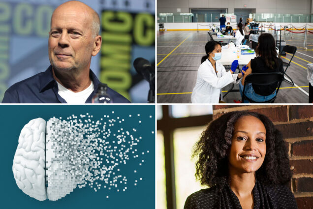 Collage: (From left to right, top down) Photo: Bruce Willis at a speaking engagement wearing a blue collared shirt with a white undershirt, Photo of BU Medical student, Molly Jia Yong Zhao gives a flu shot to a patient during a clinic on September 29, 2020, vector illustration of a brain pixelating and dissolving from left to right, and Photo of Clinical Assistant Professor in Health Science, Hagere Yilma, posing for a photo. A Black woman with shoulder-length black hair styled in a twist-out hairstyle wearing a black, tunic-style blouse stands in front of a brick wall and smiles to the camera.