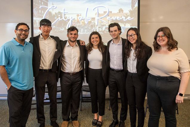 Team Revere from SHA’s Advanced Hospitality Strategic Marketing course, with city of Revere representatives: Charlie Giuffrida, Revere director of tourism (from left), Justin Park (SHA’23), Anthony Forziatti (SHA’23), Arielle Hammer (SHA’23), Ethan Phillips (SHA’23), Micaela Yee (SHA’23), and Jacqueline McLaughlin, Revere communications associate. Photo by Cydney Scott