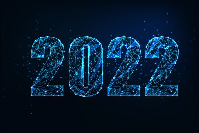 Image: A Modern wire frame mesh design vector illustration of the year "2022". Numbers are depicted with glowing neon blue low polygonal digits on dark blue background. .