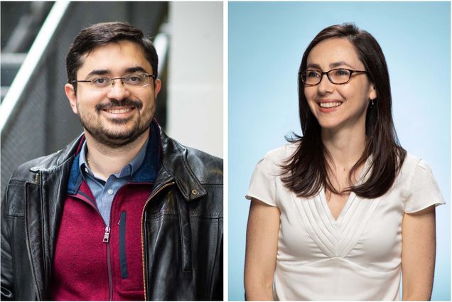 Collage: (left) Photo of Manos Athanassoulis, Assistant Professor of Computer Science, stands and leans against a yellow railing as he poses for a photo. A tan man wearing wire frame glasses, a red sweater vest, and leather jacket, smiles and poses for the photo. A set of blurry photos can be seen behind him. (right) Photo: Headshot of Masha Kamenetska. A smiling white woman with long brown hair wearing a white blouse and glasses, smiles and poses in front of a light blue background.