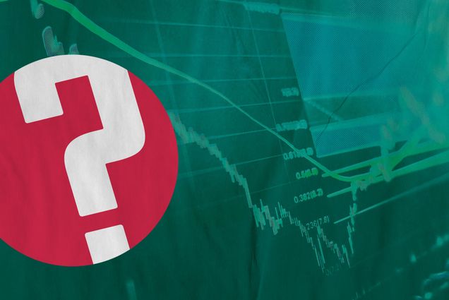 A stock chart showing falling prices with red candles. There is a large red question mark overlayed on the left side of the image. The whole image has a green tint.