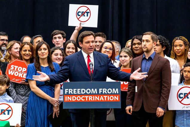 FILE - Florida Gov. Ron DeSantis addresses the crowd before publicly signing HB7, "individual freedom," also dubbed the "Stop Woke" bill during a news conference at Mater Academy Charter Middle/High School in Hialeah Gardens, Fla., on Friday, April 22, 2022. As Republicans and Democrats fight for control of Congress this fall, a growing collection of conservative political action groups is targeting its efforts closer to home: at local school boards. DeSantis endorsed a slate of school board candidates, putting his weight behind conservatives who share his opposition to lessons on sexuality and what he deems critical race theory. (Daniel A. Varela/Miami Herald via AP, File)