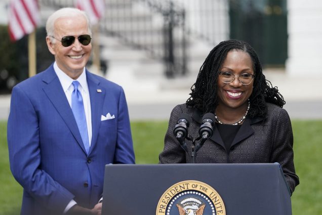 FILE - President Joe Biden listens as Judge Ketanji Brown Jackson speaks during an event on the South Lawn of the White House in Washington, April 8, 2022, celebrating the confirmation of Jackson as the first Black woman to reach the Supreme Court. (AP Photo/Andrew Harnik, File)