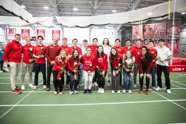 BU’s indoor track team seniors gather on Senior Day, February 4. The Terriers will compete for the Patriot League championship Saturday at Annapolis, Md. Photo by BU Athletics
