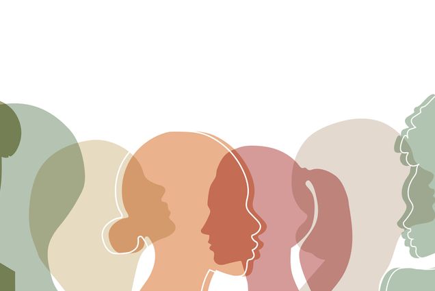 Image: Pastel-colored flat vector illustrations show the silhouettes of various women on a white background.