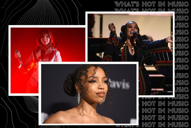 Image: collage of artists either hosting concerts in Boston in March 2023 or with new albums coming out in March. Black background with outline-font white lines features photos of Weyes Blood, Chloe Bailey, and jill Scott. Each photo has white, polaroid-style borders. At left, Weyes Blood performs in concert, mic in hand; she is a young white woman wearing a white suit and cast in a red light. At right, Jill Scott performs at the 51st NAACP Image Awards, wearing a black and African print dress. Chloe Bailey headshot shows her posing on a red carpet, with curly hair brown dreadlocks formed into a stylish bun. Text on right behind image reads "What's Hot in Music" in a repeating pattern.