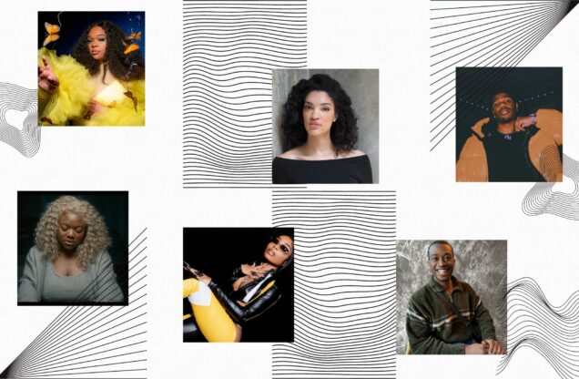 Blog cover photo featuring geometric shapes with images of musicians including: Miranda Rae, Lola Brooke, Alexis Peart, Libianca, Rozime Lindsey, and Fridayy