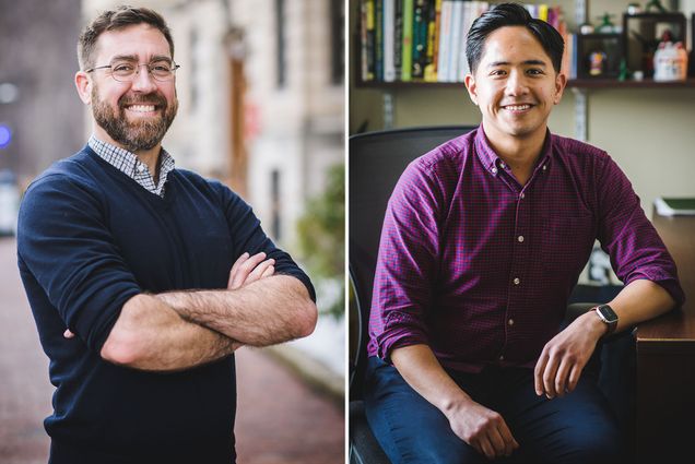 Photo: Two men smile at the camera in a dual collage. On the left, a white man with short hair and a beard, crosses his arms. He has a blue collared shirt on and a blue knit sweater. He has glasses. The man on the right is sitting in chair surround by books in an office. He wears a maroon button up and smiles, casually, at the camera.