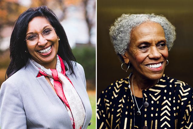 Collage: side by side photos of Amanda Bailey and Andrea Taylor. (left) eadshot of Amanda Bailey, a Black woman with long straight black hair, wearing a white blouse, light blue gray blazer, and red neck scarf, smiles and poses for the camera. (right) smiling headshot of Andrea Taylor. She looks to the right in front of a golden metal background. She wears a black and gold shirt.