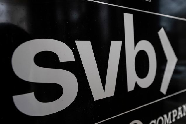 Photo: A black signs that reads "svb" in lowercase silver letters is shown.