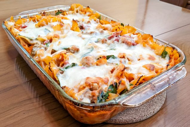 Roasted red peppers, shallots, and sausage seasoned with fennel make a great flavor medley in this easy-to-prepare, one-pan pasta bake. Photo by Mara Sassoon