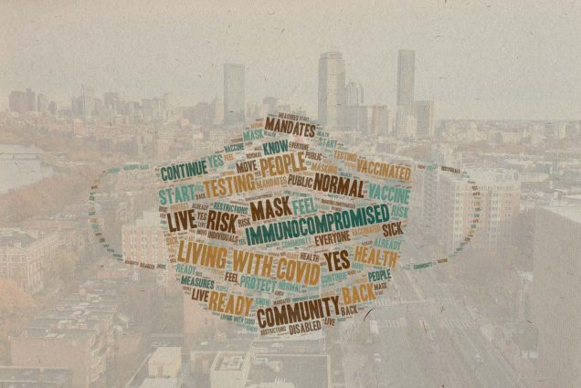 Word cloud in the shape of a mask featuring popular words community members used in their survey responses. Words are seen in teal, brown, orange and light blue, and include "Living with COVID, immuncomprised, mask, yes, community, risk." The word cloud is overlaid on a photo of the Boston city skyline that is textured to look as if it were printed on a piece of fibrous paper.