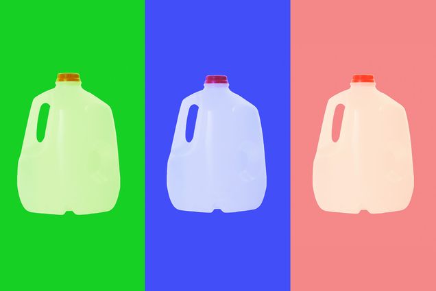 Image: Composite photo of three jug gallons of water. Each jug is in it's own column and overlaid with a bright color. From left to right, the columns are colored bright green, blue, and a light red.