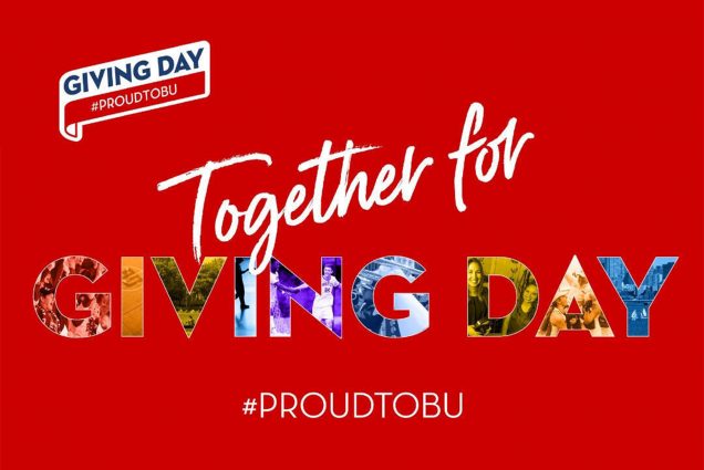 Graphic Design Image: Red background with colorful text reading "Together for Giving Day. #ProudToBU"