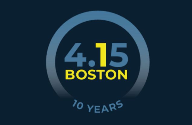 This is a navy blue picture with the words "4/15 Boston, 10 Years" and is the logo Mayor Michelle Wu put out to represent One Boston Day. It represents the 10th anniversary of the Boston bombing.