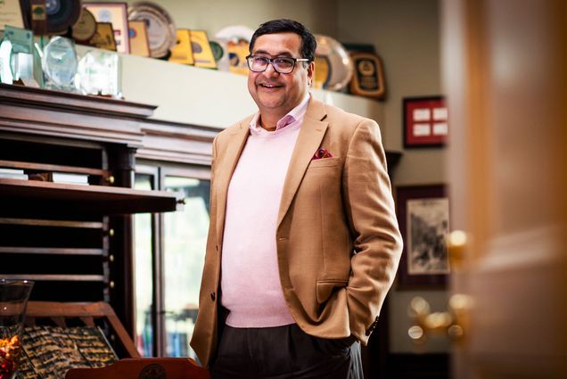 Adil Najam poses for a photo on September 27,2021. He is stepping down as dean of the Pardee School at the end of the school year but remaining on the faculty. Photo by Jackie Ricciardi for Boston University