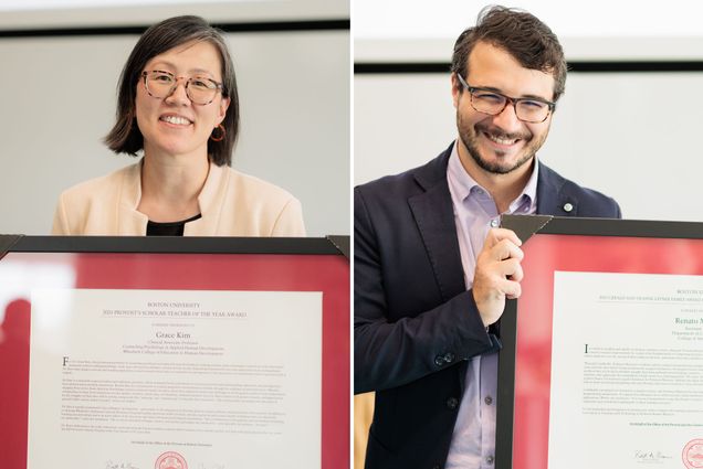 Photo: Grace S. Kim (left), a woman with shoulder length brown hair and wearing glasses, a black blouse, and beige cardigan smiles and holds up a large framed printed award. Renato Mancuso (right), a white man with brown hair wearing glasses, a lavender collared shirt and black blazer smiles as he holds up a large framed printed award.