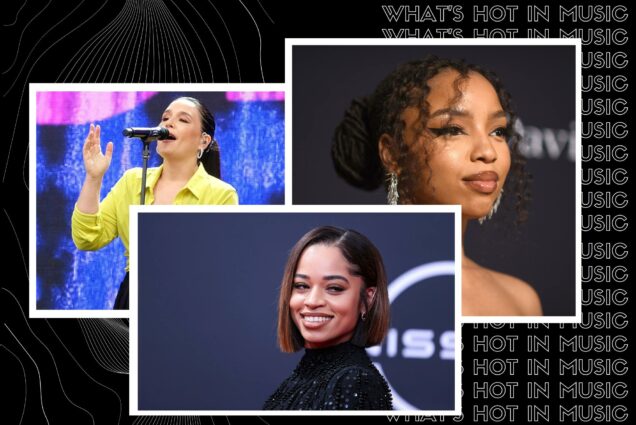 Image: collage of artists releasing music and/or hosting concerts in Boston in April 2023. Black background with outline-font white lines features photos of Jessie Ware, Ella Mai, and Chloe Bailey. Jessie Ware is shown singing on stage wearing a bright yellow top and black pants on polaroid-style borders. Ella Mai smiles and poses while wearing a sparkly black dress in front of a dark blue backdrop that reads in large white letters: "Nissan". Chloe Bailey headshot shows her posing on a red carpet, with curly hair brown dreadlocks formed into a stylish bun. Text on right behind image reads "What's Hot in Music" in a repeating pattern