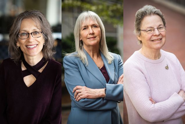 Photo: A collage of three white woman, all smiling for the camera for a portrait shot. From the left, a white woman with shoulder-length gray hair and a purple shirt and glasses. In the middle, a white woman with longer, lighter gray hair and bangs. She wears a pale blue blazer and a purple blouse. On the right, a white woman with short, gray hair, wire glasses, and a pink sweater.