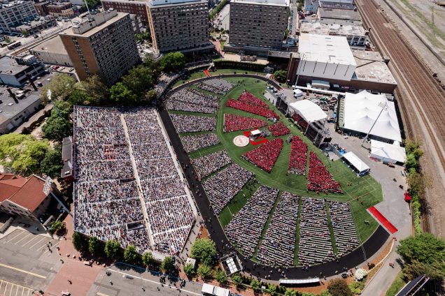 Photo: A birds eye view of a large stadium filled with people. Boston University Commencement on Nickerson Field on May 21, 2023. Photo by Dave Green