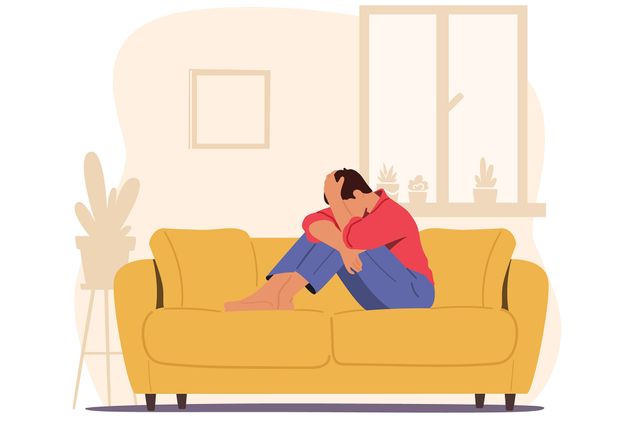 Vector Image: A person on a couch with their head in their hands appears frustrated or depressed. They are wearing a red shirt and blue jeans.