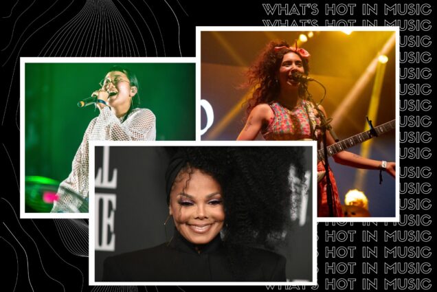 Image: collage of artists releasing music and/or hosting concerts in Boston in May 2023. Black background with outline-font white lines features photos of Yaeji, Janet Jackson, and Indigo De Souza. Yaeji is shown singing on stage that is lit green wearing a fishnet white long-sleeved top and white cami on polaroid-style borders. Janet Jackson poses in front of a black backdrop and has a large, curly fro. Indigo De Souza is shown singing on stage that is lit orange wearing a pink floral top, guitar, and long pink skirt on polaroid-style borders. Text on right behind image reads "What's Hot in Music" in a repeating pattern