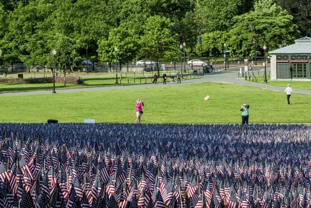 Photo: People wander around Boston Common on a sunny spring day. Hundreds of United States flags flutter in the breeze in the foreground, as bity skyscrapers rise in the distance.