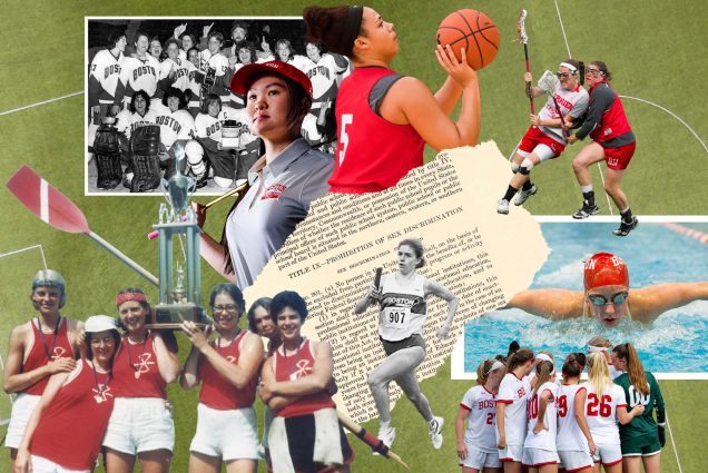 Photo collage of various women's athletic teams and players throughout the decade. The background is a turf field with a muted gray overlay. The images include: a black and white photo of the women's beanpot champions from 1981, a photo of BU women's golfer Hanako Kawasaki holding a golf club behind her back and wear a red visor; photo of Elizabeth Morse (CGS'14), left trying to keep possession of the ball with teammate Siobhan McCarthy (CGS'15) on defense during drills at BU women's lacrosse; photo of Stephanie Nasson (SAR'16) of the women's swim team mid-stroke, wearing a red cap and goggles; photo of Chiara Tibbitt (CAS'22) taking a shot during basketball practice; an old film photo of Jeanne Friedman and other women's rowing team members from the the mid-70s holding a trophy; black and white photo of Jennifer Lanctot O'Neill (Questrom'91), BU's first three-time female All-American, running with a relay stick; and photo of the BU women's soccer team in a team huddle. At center, an excerpt from Title IX is seen; it looks as if it has been torn from a page.