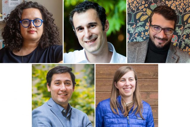 Collage: Headshots of NSF CAREER Award winners. From top to bottom, left to right: Jessica Simes, Michael Economo, Renato Mancuso, Hadi Nia, and Alyssa Pierson.