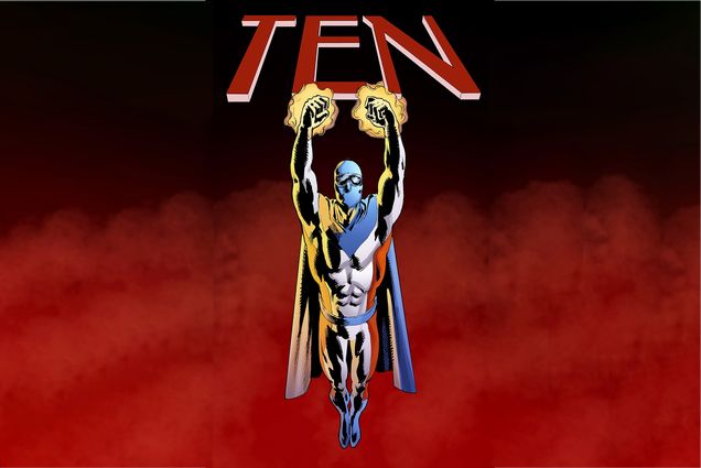 Image: Cover art for Christopher Rhodes’ come book, TEN. A silver-themed masked superhero wearing a cape is shown flying with black and red background. He flies toward the red title "TEN".