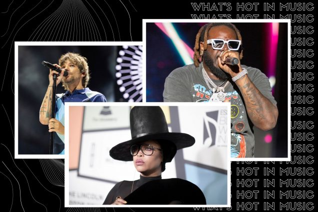 Image: collage of artists either hosting concerts in Boston in July 2023 or with new albums coming out in July. Black background with outline-font white lines features photos of Louis Tomlinson, Erykah Badu, and T-Pain. Each photo has white, polaroid-style borders. At left, Louis Tomlinson performs in concert, mic in hand; he is a young white man wearing a blue collared shirt. At right, T-Pain is shown performing, wearing a grey band tee as he sings into a mic. Erykah Badu headshot shows her posing on a red carpet, with large statement piece black hat. Text on right behind image reads "What's Hot in Music" in a repeating pattern.