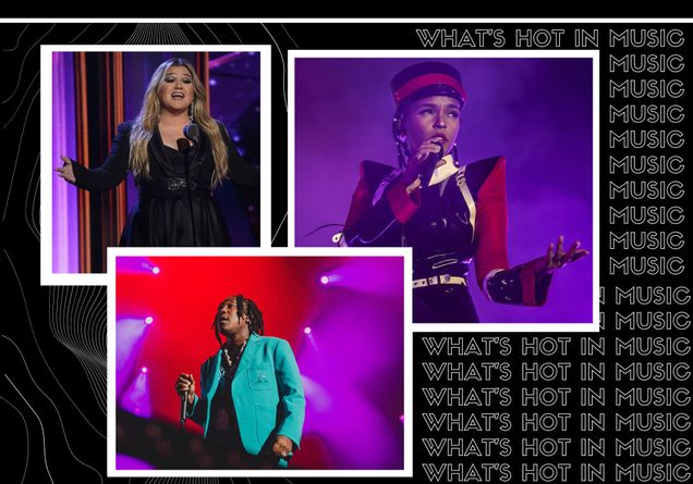 Photo: Composite of three images in a frame with a black background and text that reads WHATS HOT IN MUSIC down the right side of the image. The three images are of Kelly Clarkson, a white woman with long blonde hair, the next a Black woman, Janelle Monae, wearing a steam punk outfit with red, black, and white coloring. And Don Toliver, a Black man with a blue blazer behind red and purple lights.