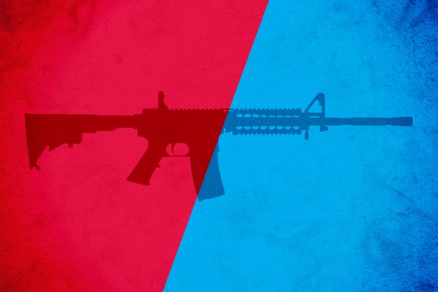 Image: Silhouette of an AR-15 rifle center on a red and blue background. Red and blue background are separated in half vertically diagonal and splits the rifle into a red and blue half.