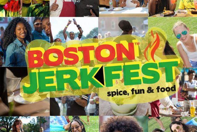 Composite Image: Red and Green text reads "Boston JerkFest: Spice, Fun & Food" in front of a background of photos of people having fun eating Jerk chicken