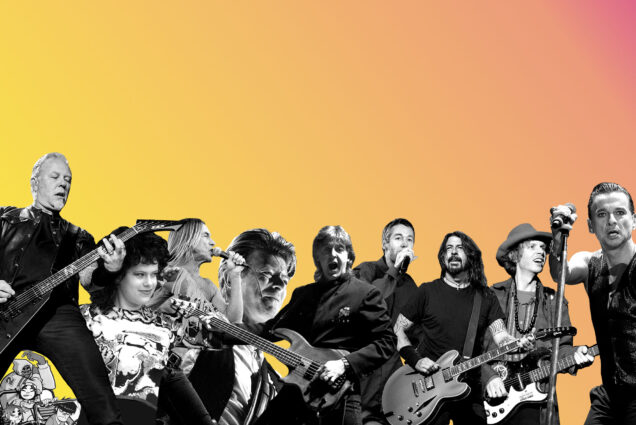 Photo: A yellow background with many famous musicians in front. Artists pictured include James Hetfield of Metallica, Dave Gahan of Depeche Mode, Dave Grohl of the Foo Fighters, David Bowie, Régine Chassagne of Arcade Fire, Adam Yauch of the Beastie Boys, Beck, Iggy Pop, Paul McCartney, and the Gorillaz