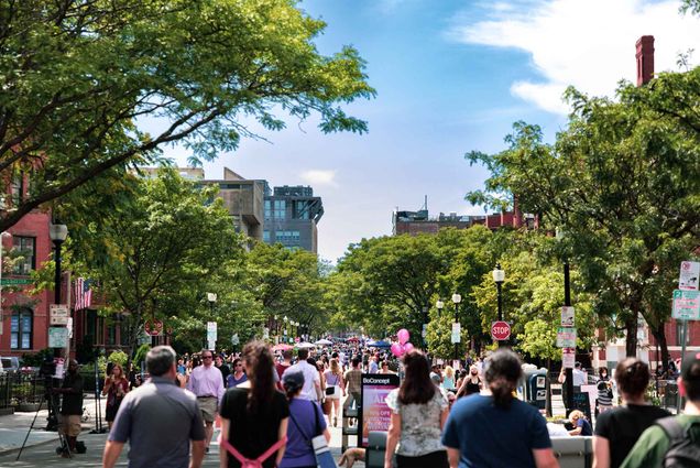 Photo: A large crowd of people walking down the center of Newbury Street in Boston, MA